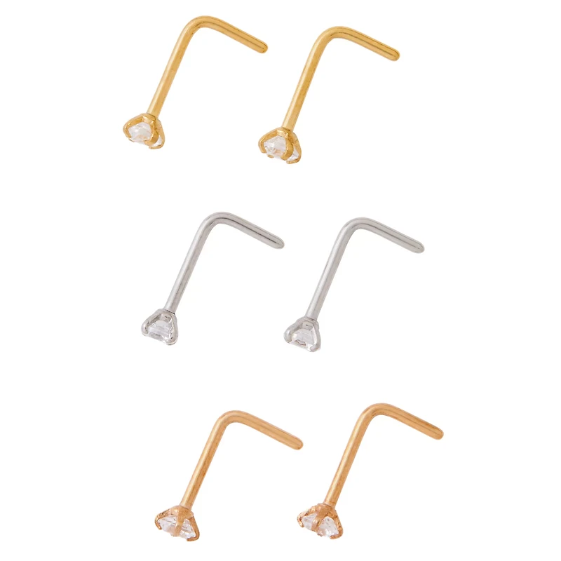 Multi-Pack Prong CZ L-Bend Nose Rings 6 Pack – 20 Gauge