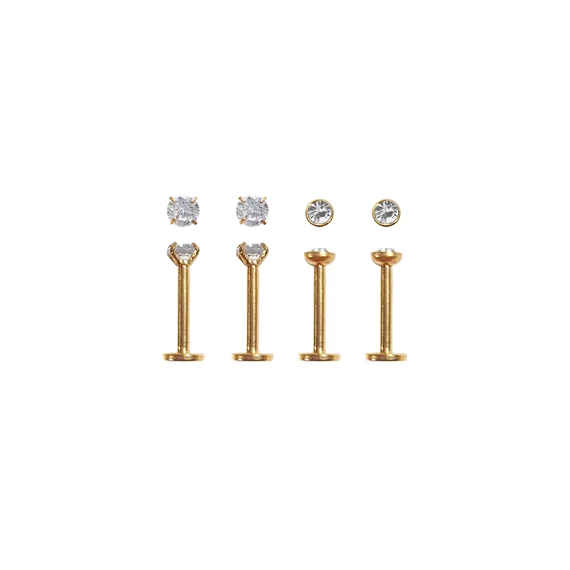 Prong Round CZ Labret Lip Rings 4 Pack - 16 Gauge