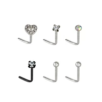 Multi-Pack CZ Heart L-Bend Nose Rings 6 Pack - 20 Gauge