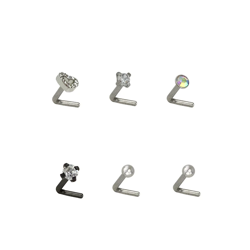 Multi-Pack CZ Heart L-Bend Nose Rings 6 Pack - 20 Gauge