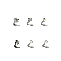 Multi-Pack CZ Heart L-Bend Nose Rings 6 Pack - 20 Gauge