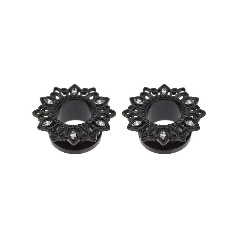 CZ Black Flower Screw Fit Tunnels
