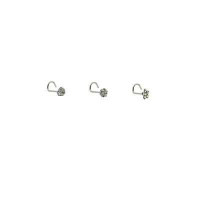 Multi-Pack Clear Gem Heart Star Flower Screw Nose Rings - 3 Pack