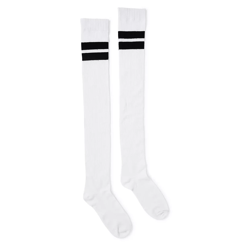 Dual Athletic Stripe Over The Knee Socks - White and Black