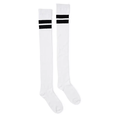 Dual Athletic Stripe Over The Knee Socks - White and Black