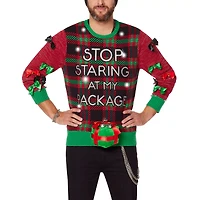 Light-Up Stop Staring At My Package Ugly Christmas Sweater