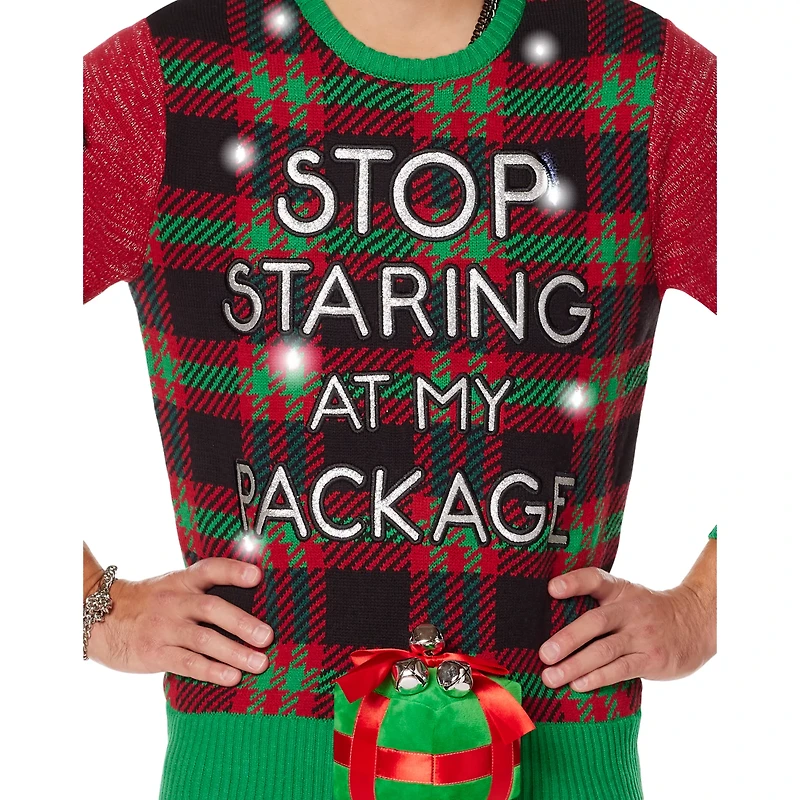 Light-Up Stop Staring At My Package Ugly Christmas Sweater
