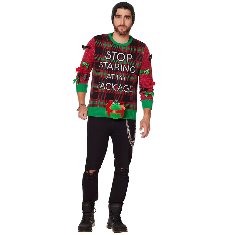 Light-Up Stop Staring At My Package Ugly Christmas Sweater