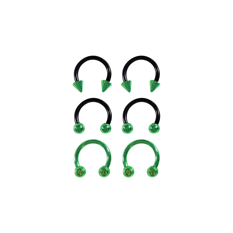 Multi-Pack Ombre Black and Green Horseshoe Captive Rings 6 Pack - 16 Gauge