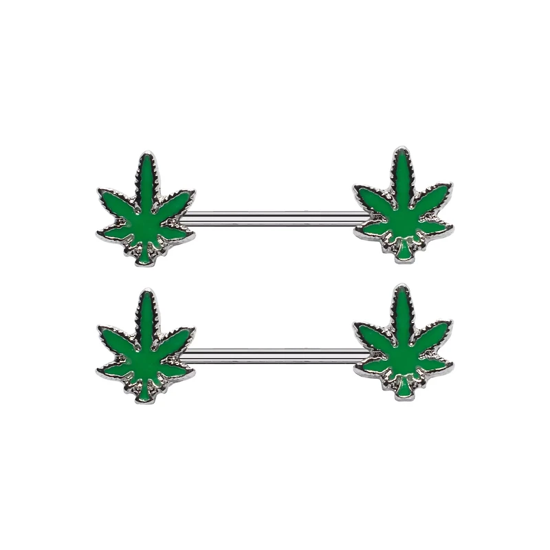 Glow the Dark Weed Leaf Nipple Barbells - 14 Gauge