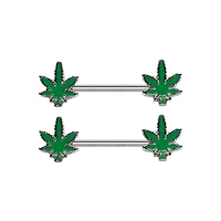 Glow the Dark Weed Leaf Nipple Barbells - 14 Gauge