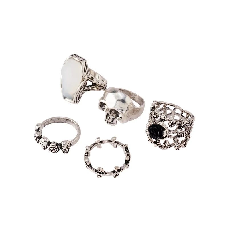 Multi-Pack Skull Stone and Rose Rings - 5 Pack