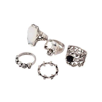 Multi-Pack Skull Stone and Rose Rings - 5 Pack