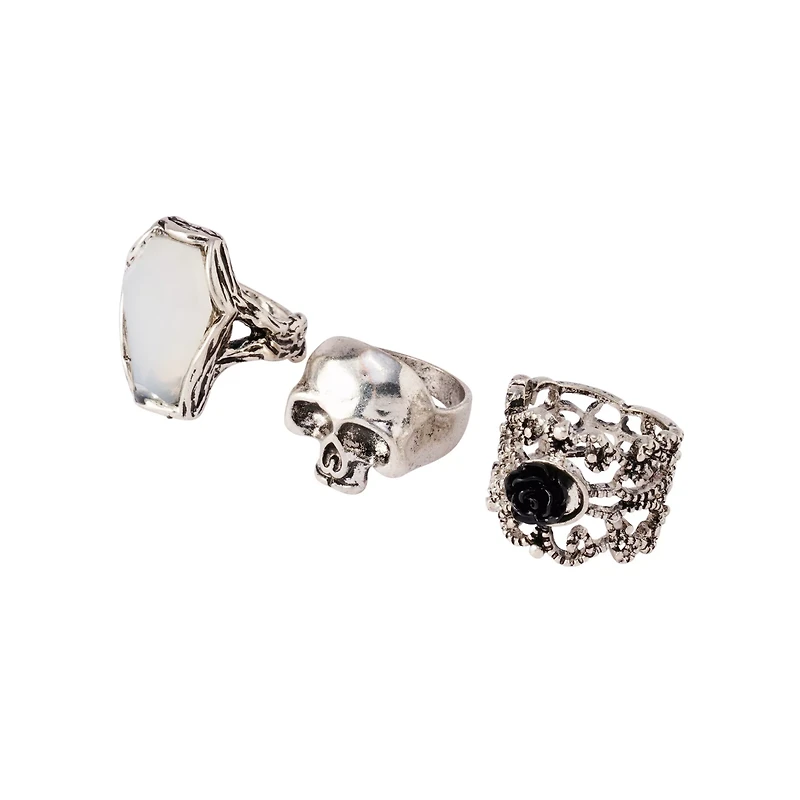 Multi-Pack Skull Stone and Rose Rings - 5 Pack