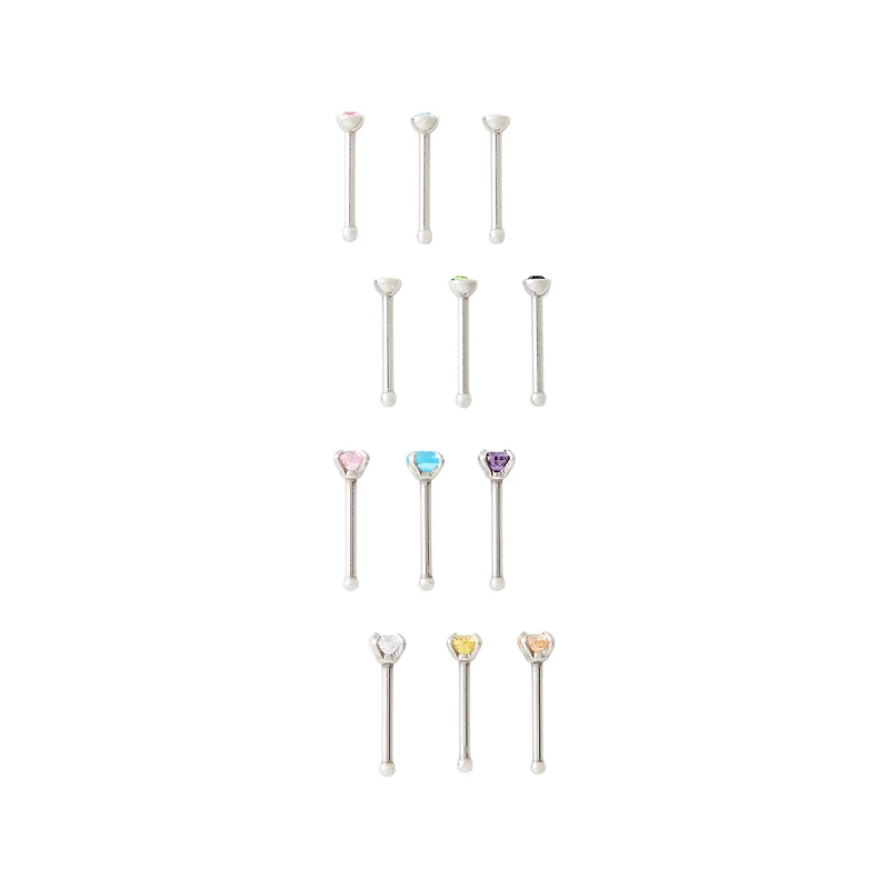 Multi-Pack Multi-Color Prong CZ Bone Nose Rings - 12 Pack