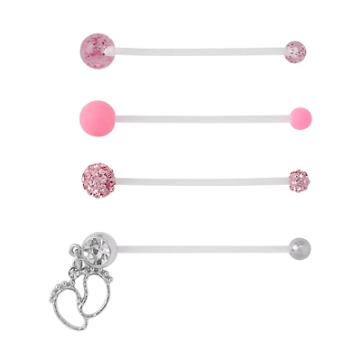Multi-Pack Pink CZ Footprint Pregnancy Belly Rings 4 Pack - 14 Gauge