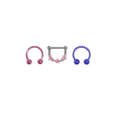 Multi-Pack Pink and Purple Star Septum Rings 3 Pack - 16 Gauge