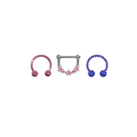 Multi-Pack Pink and Purple Star Septum Rings 3 Pack - 16 Gauge