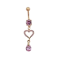 Pink CZ Rose Goldtone Heart Dangle Belly Ring - 14 Gauge