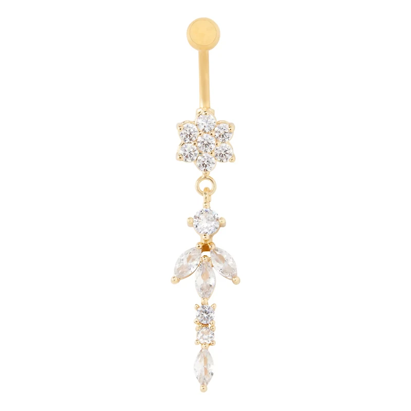 CZ Goldtone Flower Dangle Belly Ring - 14 Gauge