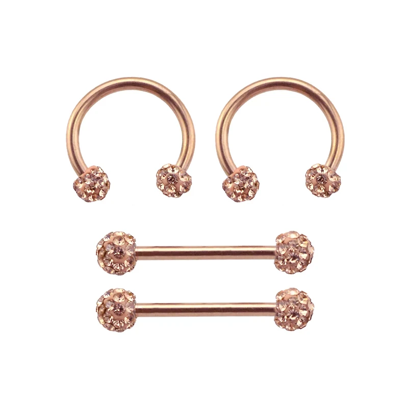 Multi-Pack Rose Goldtone Pave Nipple Barbells and Horseshoe Rings 2 Pair - 14 Gauge