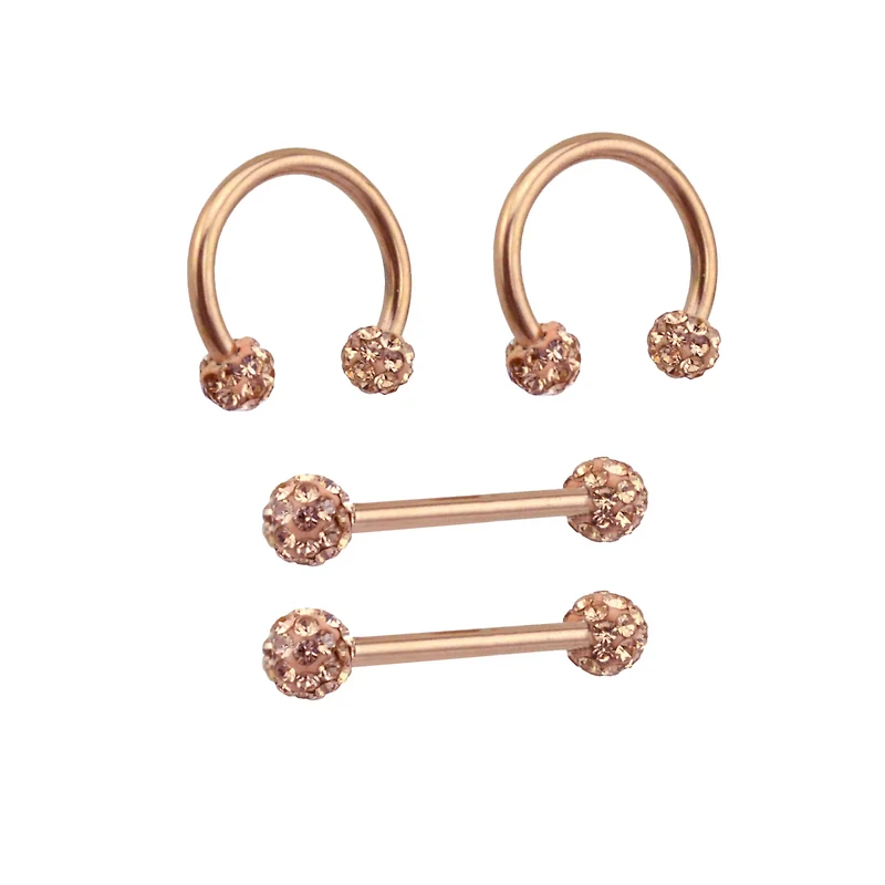 Multi-Pack Rose Goldtone Pave Nipple Barbells and Horseshoe Rings 2 Pair - 14 Gauge
