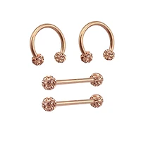 Multi-Pack Rose Goldtone Pave Nipple Barbells and Horseshoe Rings 2 Pair - 14 Gauge