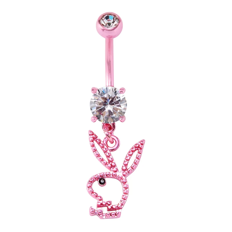 CZ Pink Playboy Bunny Cut Out Dangle Belly Ring - 14 Gauge