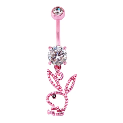CZ Pink Playboy Bunny Cut Out Dangle Belly Ring - 14 Gauge