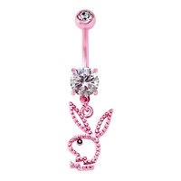 CZ Pink Playboy Bunny Cut Out Dangle Belly Ring - 14 Gauge
