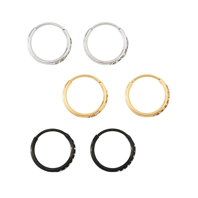 Multi-Pack CZ Black Silver Goldtone Hoop Earrings 6 Pack - 20 Gauge
