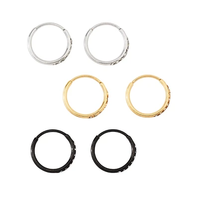 Multi-Pack CZ Black Silver Goldtone Hoop Earrings 6 Pack - 20 Gauge