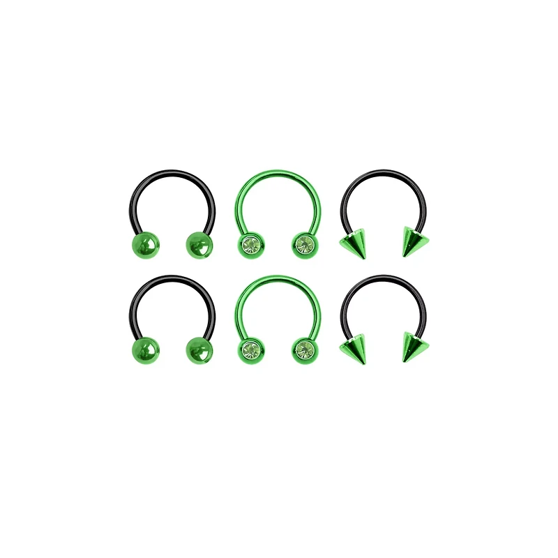 Multi-Pack Ombre Black and Green Horseshoe Captive Rings 6 Pack - 16 Gauge
