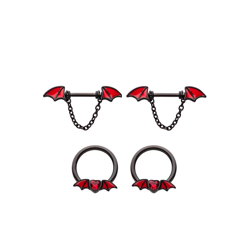 Multi-Pack Black Bat Dangle Nipple Barbells 2 Pair - 14 Gauge