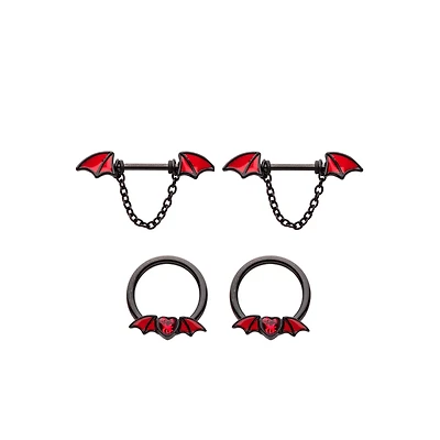 Multi-Pack Black Bat Dangle Nipple Barbells 2 Pair - 14 Gauge