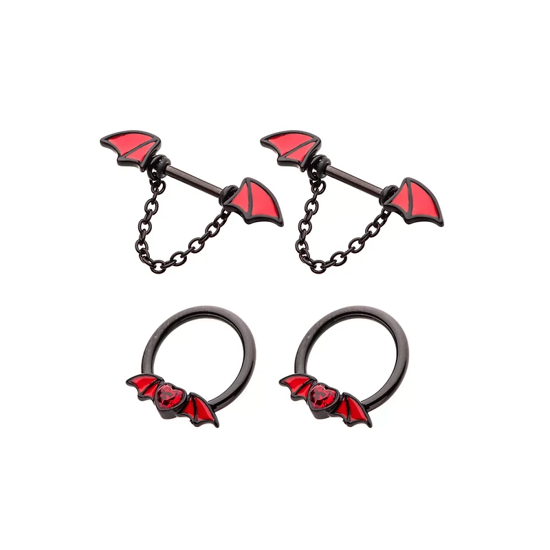 Multi-Pack Black Bat Dangle Nipple Barbells 2 Pair - 14 Gauge