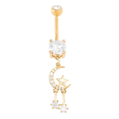 CZ Goldtone Moon and Star Dangle Belly Ring - 14 Gauge