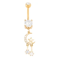 CZ Goldtone Moon and Star Dangle Belly Ring - 14 Gauge