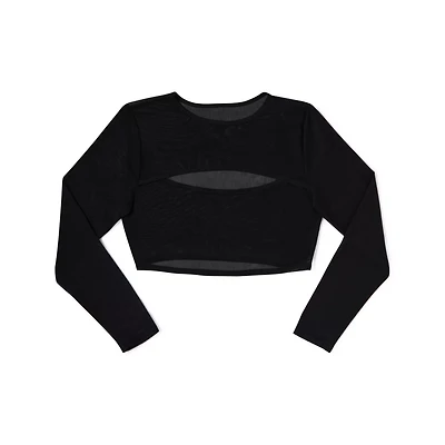 Long Sleeve Black Mesh Cutout Crop Top