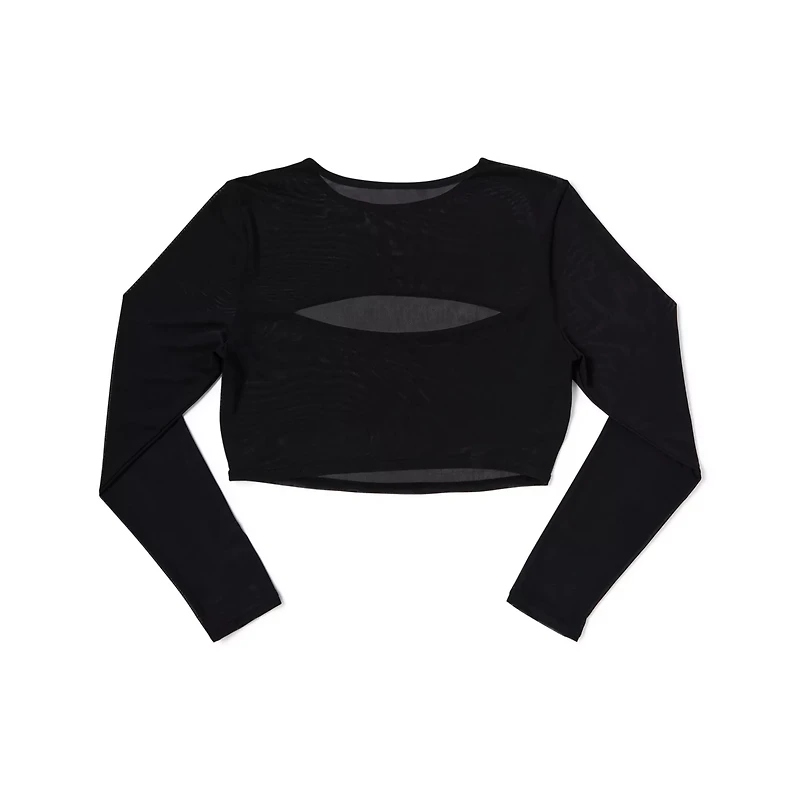 Long Sleeve Black Mesh Cutout Crop Top