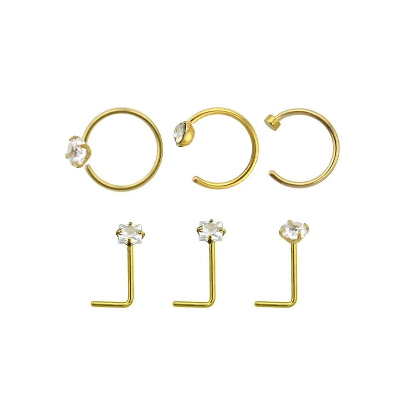Multi-Pack CZ Goldtone L-Bend Nose Rings and Half Hoop 6 Pack - 20 Gauge