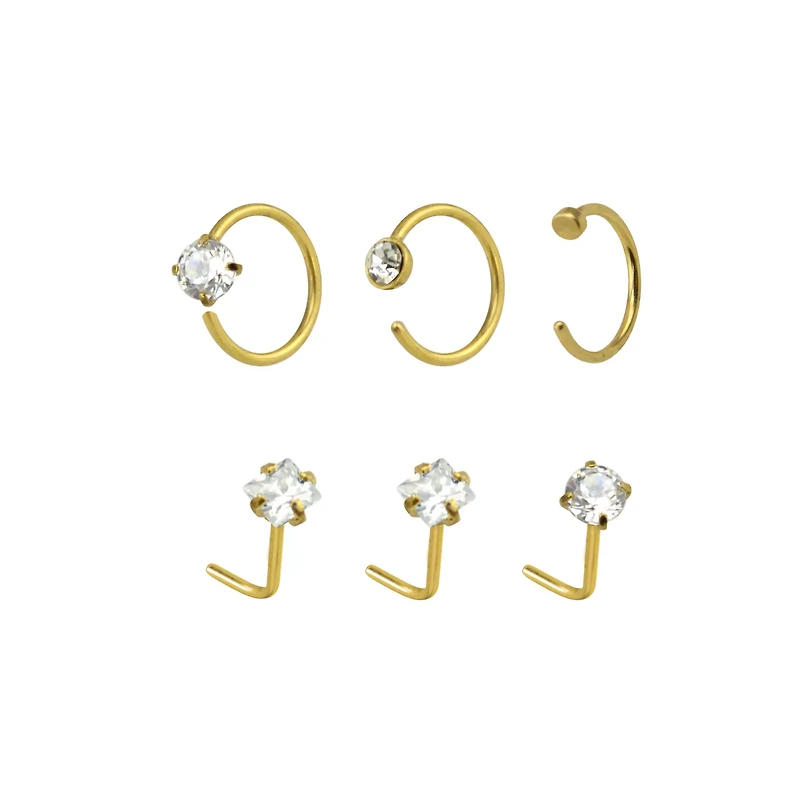 Multi-Pack CZ Goldtone L-Bend Nose Rings and Half Hoop 6 Pack - 20 Gauge