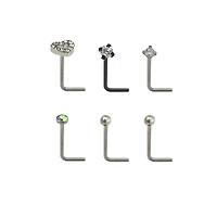 Multi-Pack Prong CZ Heart L-Bend Nose Rings 6 Pack - 20 Gauge