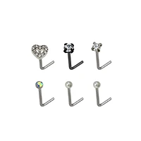 Multi-Pack Prong CZ Heart L-Bend Nose Rings 6 Pack - 20 Gauge