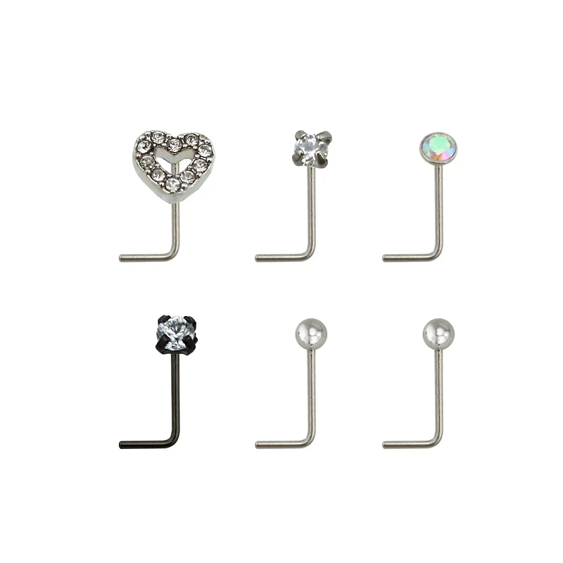 Multi-Pack CZ Heart L-Bend Nose Rings 6 Pack - 20 Gauge