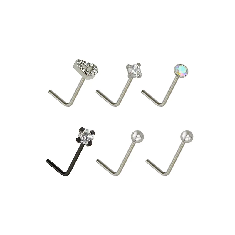 Multi-Pack CZ Heart L-Bend Nose Rings 6 Pack - 20 Gauge