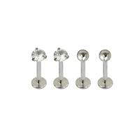 Multi-Pack CZ Silvertone Labret Lip Rings 4 Pack - 16 Gauge