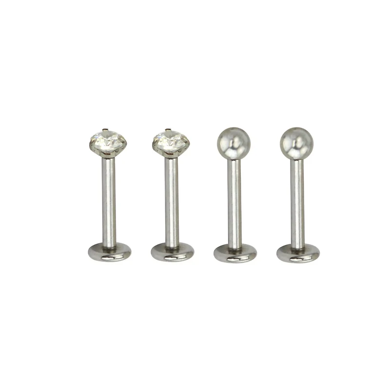 Multi-Pack CZ Silvertone Labret Lip Rings 4 Pack - 16 Gauge