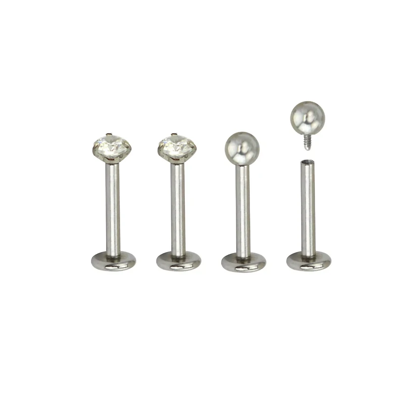 Multi-Pack CZ Silvertone Labret Lip Rings 4 Pack - 16 Gauge