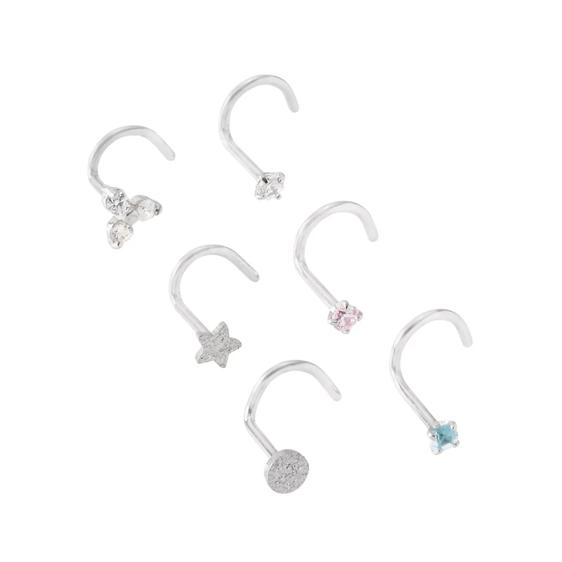 Multi-Pack Blue and Pink CZ Star Silver-Plated Screw Nose Rings - 6 Pack